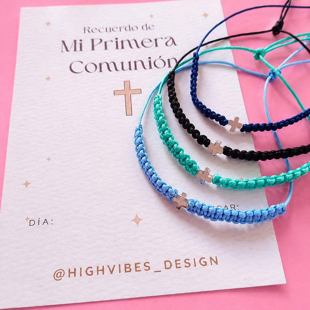 Pulsera Tejida Personalizada de Primera Comunión | Cruz Plateada